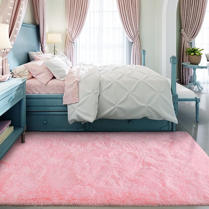 Super Soft Fluffy Shaggy Rugs 6x9 Feet for Living Room Bedroom, Fuzzy Plush Area Rugs for Girls Kids Room Nursery Home Decor, Furry Dorm Rug Cute Non-Slip Indoor Floor Carpet, Baby Pink