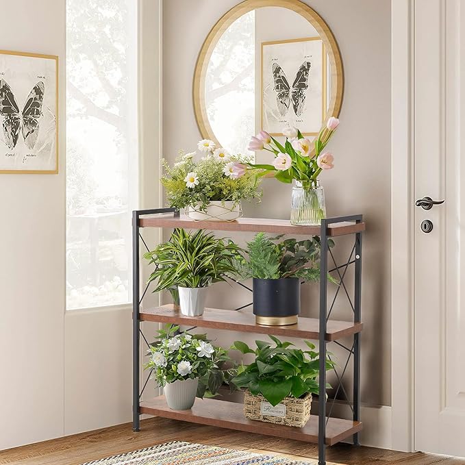 Industrial Bookshelf,Rustic Open Shelf Bookcase,3 Tier Book Shelf for Bedroom Office Living Room,Small Bookshelf for Small Spaces with Metal Frame