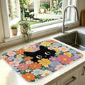 Black Cat Floral Dish Drying Mat for Kitchen Counter Coffee Bar 18x24 in | Non Slip Absorbent Kitchen Dishes Drainer Mat, with Anti-slip Rubber Backing & Hanging Loop, Decor for Sink, Cat Theme Gifts