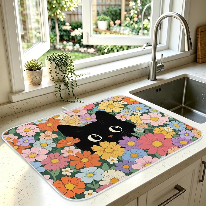 Black Cat Floral Dish Drying Mat for Kitchen Counter Coffee Bar 18x24 in | Non Slip Absorbent Kitchen Dishes Drainer Mat, with Anti-slip Rubber Backing & Hanging Loop, Decor for Sink, Cat Theme Gifts