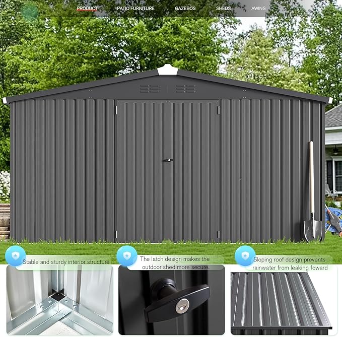 AECOJOY 12' x 12' Outdoor Storage Shed, Dark Grey Large Metal Sheds & Outdoor Storage Clearance Steel Yard Shed with Lockable Doors, Utility and Tool Storage Garden Shed for Backyard