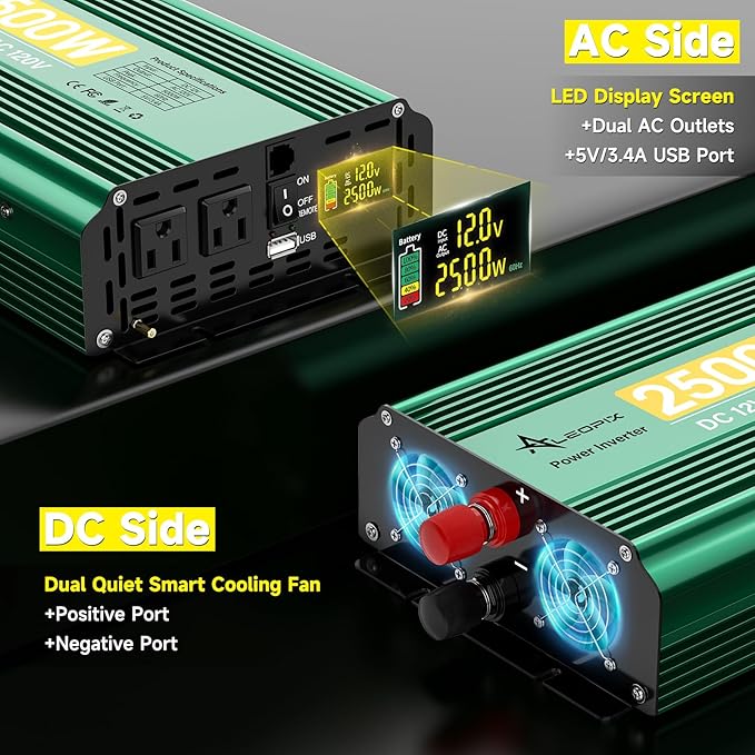 2500 Watt Inverter 12V to 110V/120V, 5000W Peak Truck Power Inverter Modified Sine Wave AC to DC Converter with Remote LED Didplay 5V 3.4A USB Port 2 AC Outlets for Vehicles Car RV