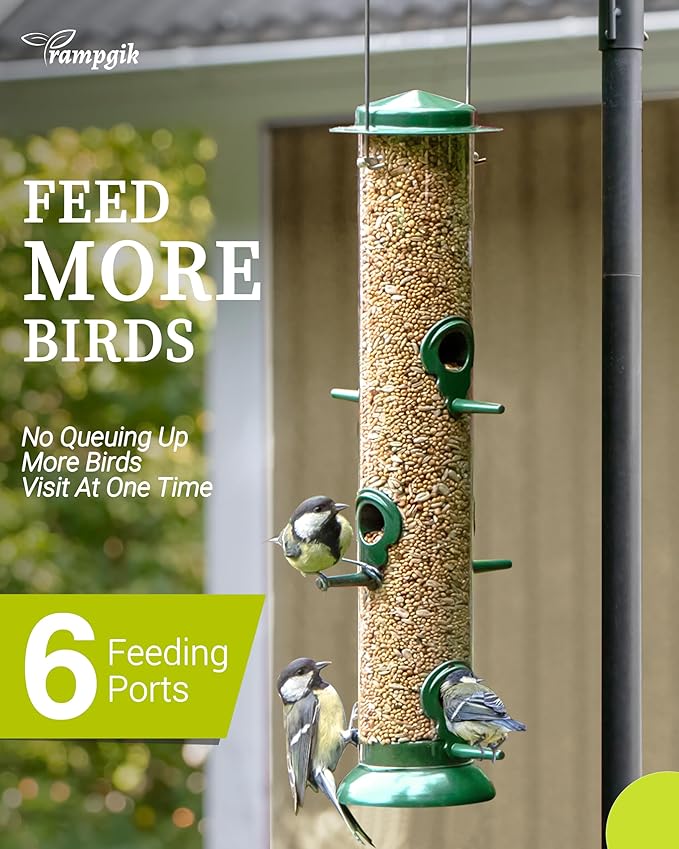 Bird Feeders for Outdoors Hanging,Finch Feeders for Outside,Chew-Proof Hanging Bird Feeder,Rust-Proof Birdfeeder,Squirrel Proof 6 Ports Metal Bird Feeder,14 Inch,1 Pack,Green
