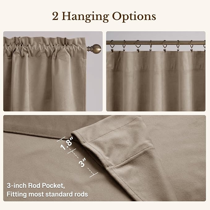 Camel Beige Scalloped Valance Curtains 52x18 Inch 1 Panel | Premium Velvet Wavy Short Curtains for Kitchen Windows, Neutral Home Decor Window Treatment for Farmhouse
