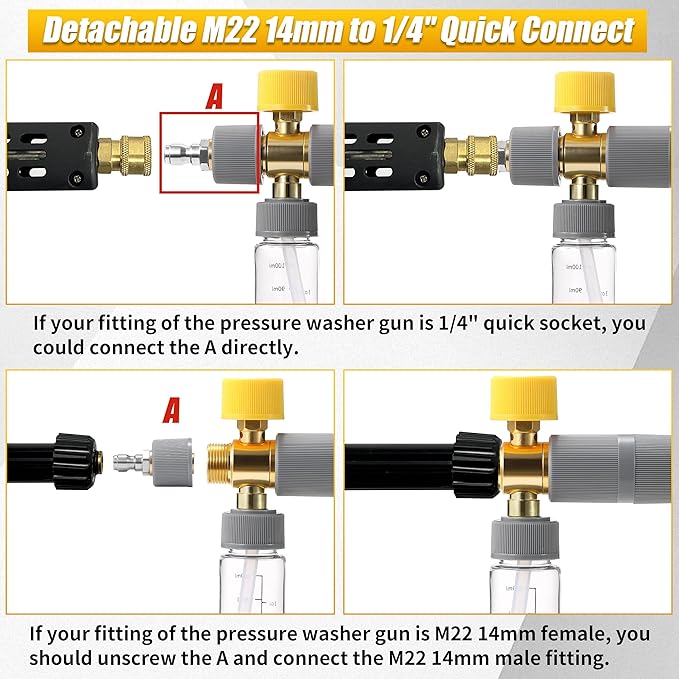Tool Daily Foam Cannon Dual Connector, Mini Foam Cannon for Pressure Washer, 5 Power Washer Spray Nozzle Tips, 1/4 Inch Quick Connect