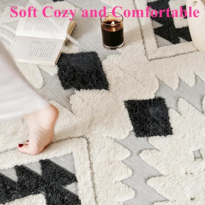 Washable Area Rug 4'x6' for Kids Room Living Room Bedroom, Bohemia | Soft Cozy Fluffy Mid Pile Machine Washable Non Slip Modern Jacquard Boho Accent Area Carpet for Nursery Kids Room Dorm Hotel