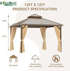 12x12 ft Hardtop Gazebo Outdoor Aluminum Patio Gazebo Double Roof Galvanized Steel Canopy with Netting and Curtains for Garden, Backyard,Deck and Lawns