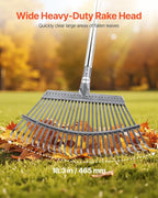 VEVOR Leaf Rake, 25 Metal Tines, Adjustable Garden Rake for Lawns with 18.3 Inch Wide Head & 36.4-72.8 Inch Long Handle, Heavy Duty Stainless Steel Small Leaves Tool for Gardening Camping Yard Grass
