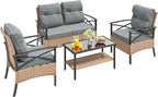 YITAHOME 4-Piece Patio Furniture Wicker Outdoor Bistro Set, All-Weather Rattan Conversation Loveseat Chairs for Backyard, Balcony and Deck with Soft Cushions and Metal Table (Light Brown+Gray)