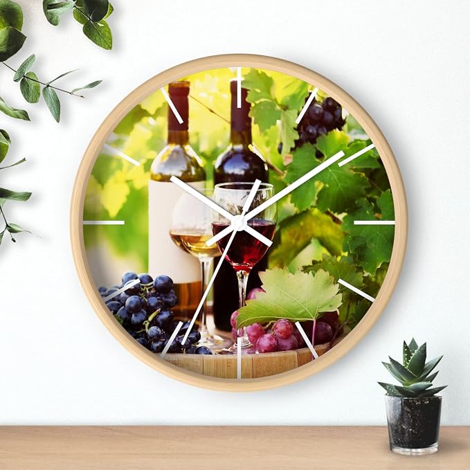 Mozingo ~ Wine Clock for Kitchen Bar Wall It's Wine O'clock Silent Time Gift Home Decor Made In USA, 10" (Hour Marks - Lines, Clock Frame Color - Natural Wood, Wine Theme #03)