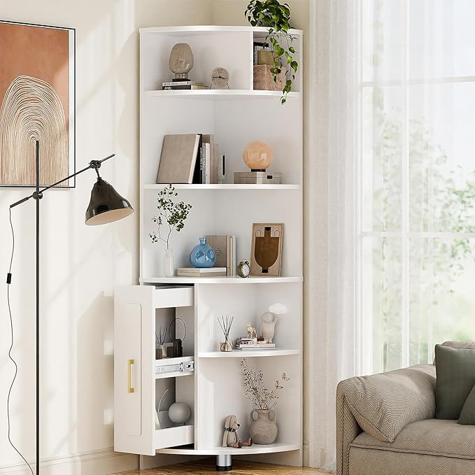 Corner Shelf 6-Tier Corner Bookcase with Drawer, Tall Corner Bookshelf Freestanding White Corner Cabinet Corner Shelves Stand for Wall Corner, Living Room, Home Office, Bedroom, Display Shelf