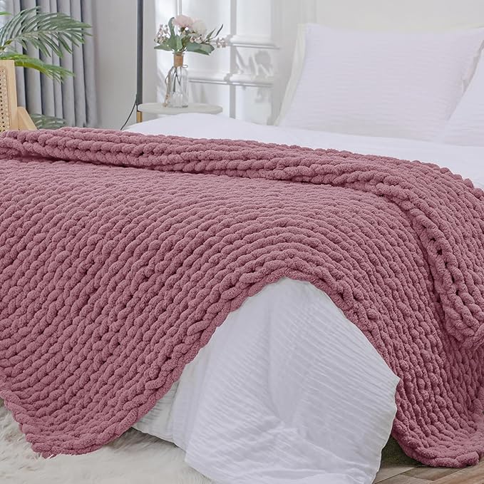 Bigacogo Chunky Knit Throw Blanket for Couch, 40x80 inches, 100% Hand Knitted with Thick Jumbo Chenille Yarn, Cozy Soft Large Rope Knot Cable Crochet Blankets for Sofa Bed Living Room, Burnt Rose