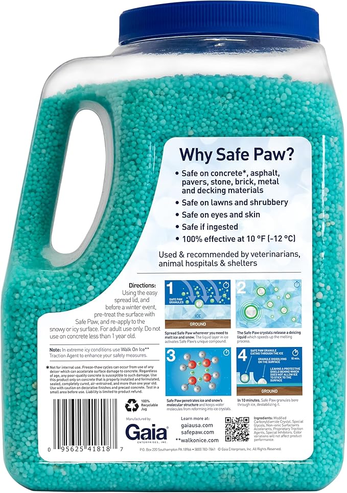 Safe Paw, Dog/Child/Plant Pet Safe Ice Melt with Traction Agent, 8lb, 100% Salt-Free/Chloride-Free, Non-Toxic, No Concrete Damage, Fast Acting, Lasts 3X Longer