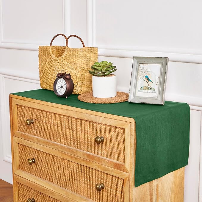 Solino Home Linen Table Runner 72 Inches Long - 100% Pure Linen Pine Green Dining Table Runner 14 x 72 Inch for Fall, Autumn, Thanksgiving - Fete