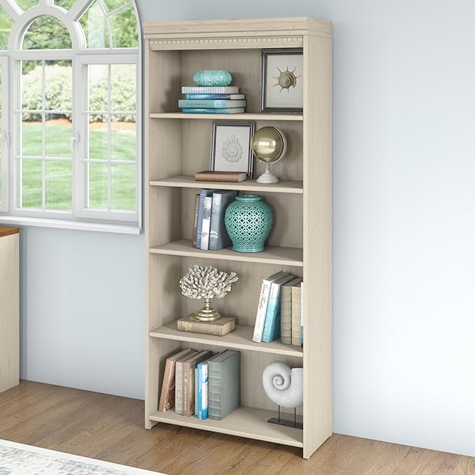 Bush Furniture 5 Shelf Bookcase with 3 Adjustable Storage Shelves | Fairview Collection Tall Bookshelf for Office or Home, 30W x 12D x 69H, Antique White