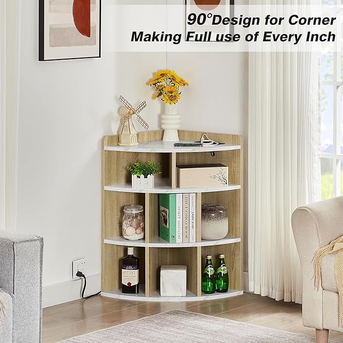 Vecelo Corner Cabinet with Charging Station, 3-Tier Cube Storage Organizer with USB Ports and Outlets, Triangle Bookcases Corner Shelf with 8 Cubbies for Playroom, Bedroom, Living Room, Marble White