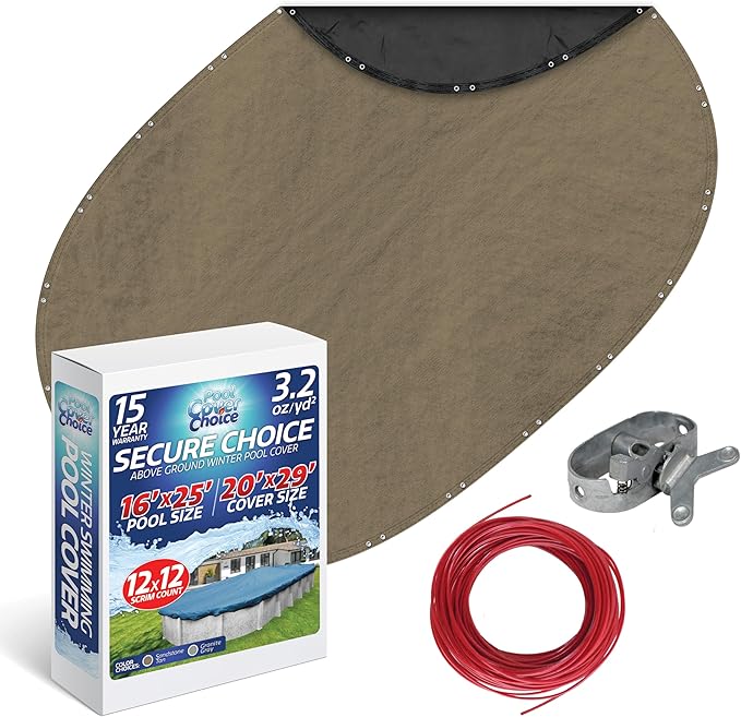 Winter Swimming Pool Cover for 16 ft x 25 ft Aboveground Oval Pool Size, Secure Choice Series, Solid Material, Color - Sandstone Tan, Pool Cover Choice 571625-4CHOICE