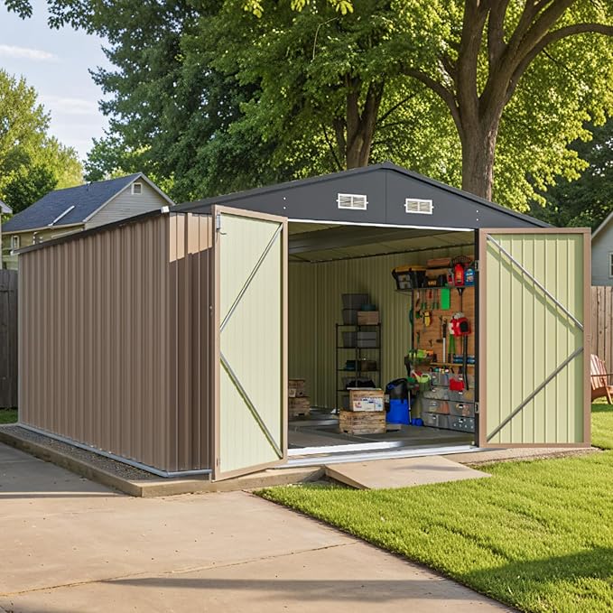 Patiowell 10 x 12 FT Metal Storage Shed for Outdoor with Floor Frame, Steel Yard Shed with Design of Lockable Doors, Utility and Tool Storage for Garden, Backyard, Patio, Outside use,Brown