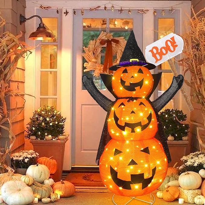 Halloween Decoration 4.3FT Retractable Jack-O-Lantern, 100 LED Collapsible Pumpkin Lantern with Black Star Hat, Plug in Halloween Lights with Stand for Indoor Outdoor Lawn Backyard Garden Decor