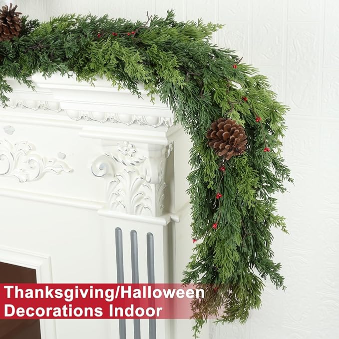 6 Ft Real Touch Christmas Garland Indoor with Pine Cone,Thick and Lush，Soft Bendable Mantle Garland Christmas, Lifelike Cedar Garland, Christmas Garland for Mantle,Indoor Christmas Decorations