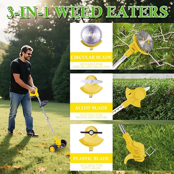 Weed Wacker Cordless Adjustable Weed Eaters 3 in 1 Electric String Trimmer Lawn with Two Battery with Charger Comes with Multiple Blades for Yard,Green,Garden(Yellow)