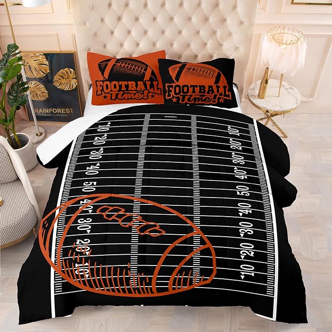 Tailor Shop Sports Football Comforter Set for Boys Kids Teens ，Football Bedding Sets King Size Black Rugby Theme Bedding Set with 2 Comforter 2 Pillowcases