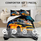 Axolotl Race Car Bedding Set Twin Size,Boys Extreme Sports Comforter Set for Kids Boys Car Racing Gifts,Yellow Cool Car Comforter Car Sports Quilt Set 1 Comforter with 2 Pillowcase Car Racing Gifts