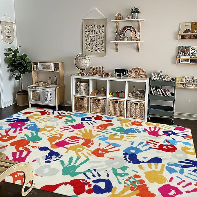Large Kids Rug for Playroom, 8'x10' Handprints and Footprints Colorful Rug for Classroom, Non-Slip Washable Rug for Nursery, Soft Throw Carpet Indoor Playmat for Kids Room Dorm Bedroom