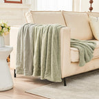 EMME Muslin and Fleece Queen Blanket Reversible - 80"*90" Sage Green Soft Warm Throw Blankets for Couch Bed Picnic Travel Bed