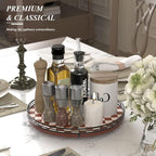 AMH 13-Inch Brown White Checkerboard Lazy Susan with Black Metal Rail | Smooth rotating oak tray with walnut finish for dining tables, kitchen counters, pantries and cabinet storage.
