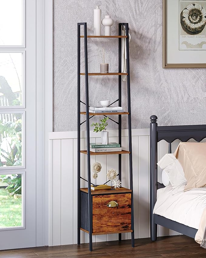 Narrow Bookshelf Bookcase with Drawer, Ladder Shelf with 2 Hooks, Bookshelves Storage Organizer, Freestanding Display Standing for Home Office, Bedroom, 6 Tier Rustic Brown BC19601B
