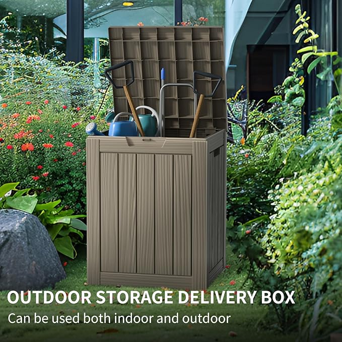 28 Gallon Waterproof Resin Deck Box, Lockable Outdoor Storage Box for Patio Furniture, Garden Tools, UV Resistant, and Multi-Functional (Brown)