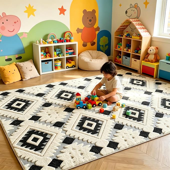 Washable Area Rug 4'x6' for Kids Room Living Room Bedroom, Bohemia | Soft Cozy Fluffy Mid Pile Machine Washable Non Slip Modern Jacquard Boho Accent Area Carpet for Nursery Kids Room Dorm Hotel