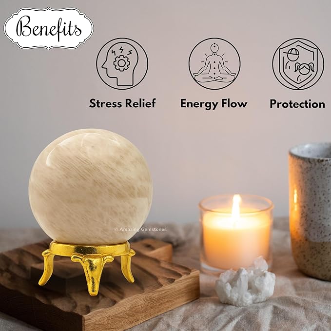 Amazing Gemstone Cream Moonstone Crystal Ball with Stand - 2 Inches Crystal Sphere Meditation Balls for Witchcraft and Decorative Balls