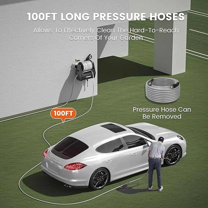 Giraffe Tools Grandfalls Retractable Wall Mount Pressure Washer Plus, Max 2900PSI 2.2 GPM, Electric Power Washer with 100ft Pressure Hose for Car/Patios, Automatic Rewind, Dark Silver