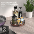 AMH 9-Inch Brown Checkerboard Lazy Susan Organizer with Black Metal Rail | Smooth rotating oak tray with walnut finish for dining tables, kitchen counters, pantries and cabinet storage.