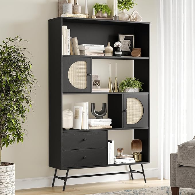 Soohow 4 Shelf Bookcase and Bookshelves with Drawer, 65” Tall Bookcases with Storage Shelves, Bookshelves and Bookcases with Rattan Cabinet and Metal Legs for Home Office, Living Room and Bedroom.