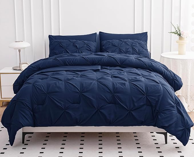 LANE LINEN Twin Comforter Set, 5 Piece Twin Bedding Sets for Boys, Pintuck Twin Size Bed Set, Pinch Pleated Twin Bed in a Bag Set, Twin Bed Comforter Set with Sheets, Pillowcase & Sham - Navy Blue