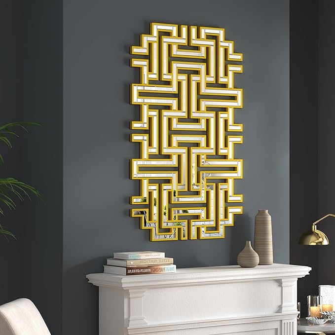 KOHROS Large Modern Gold Wall Mirror - 46.5"x30" Geometric Maze Design Decorative Mirror for Home Decor Living Room Entryway Hallway Farmhouse, Mirrors for Wall Decor