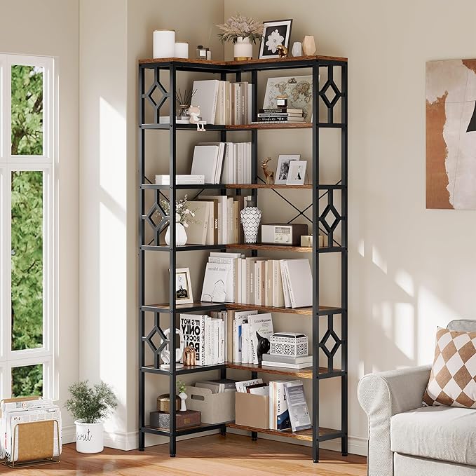 YITAHOME 7 Tier Corner Bookshelf Reversible Bookcase, Tall Bookshelf Display Rack Shelf with Metal Frame for Living Room, Bedroom, Home Office, Rustic Brown