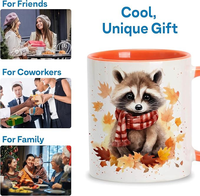Hyturtle Fall Raccoon Mug, Autumn Birthday Gifts For Raccoon Lovers | Autumn Thanksgiving Decor, Raccoon Gifts For Women, Durable 11oz ceramic mug, Vivid double-sided print, Comfort grip handle