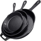 Cast Iron Skillet 3-Piece Set - 12", 10", 8" Heavy-Duty Professional Restaurant Chef Quality Pre-Seasoned Pan Cookware - For Frying, Saute, Cooking, Pizza - Black