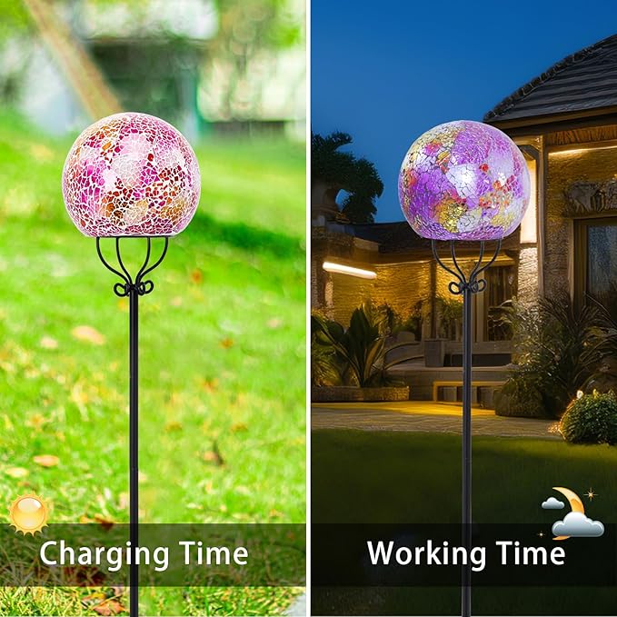 VCUTEKA Solar Outdoor Lights Garden Decor Mosaic Solar Garden Lights Waterproof Glass Ball LED Pathway Stake Light for Landscape Lawn Patio Yard Decoration 6 inch, Pink