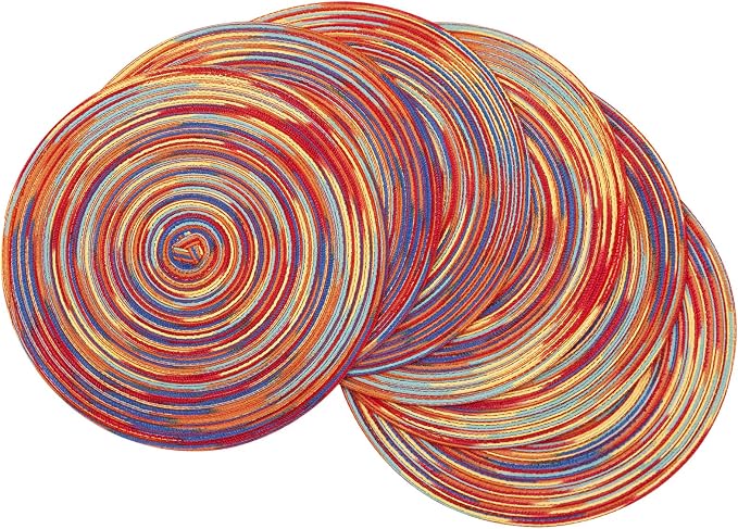 SHACOS Round Braided Placemats Set of 6 Table Mats Colorful Place Mats for Dining Tables Holiday Party Decor (Rainbow Red, 6)