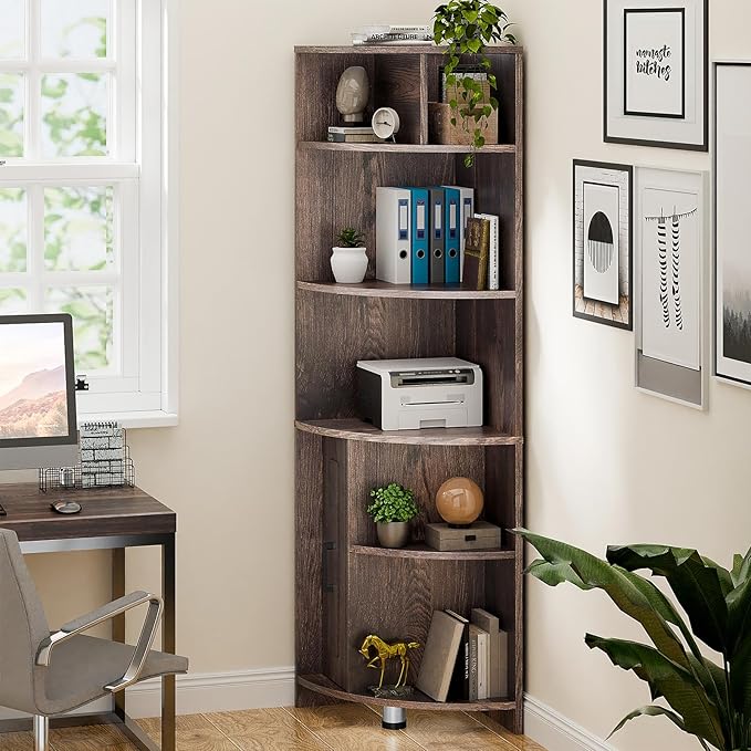 6 Tier Corner Shelf with Drawer, Corner Bookshelf and Corner Bookcase Corner Display Storage Cabinet Stand for Living Room, Bedroom, Office, Small Space, Black Walnut