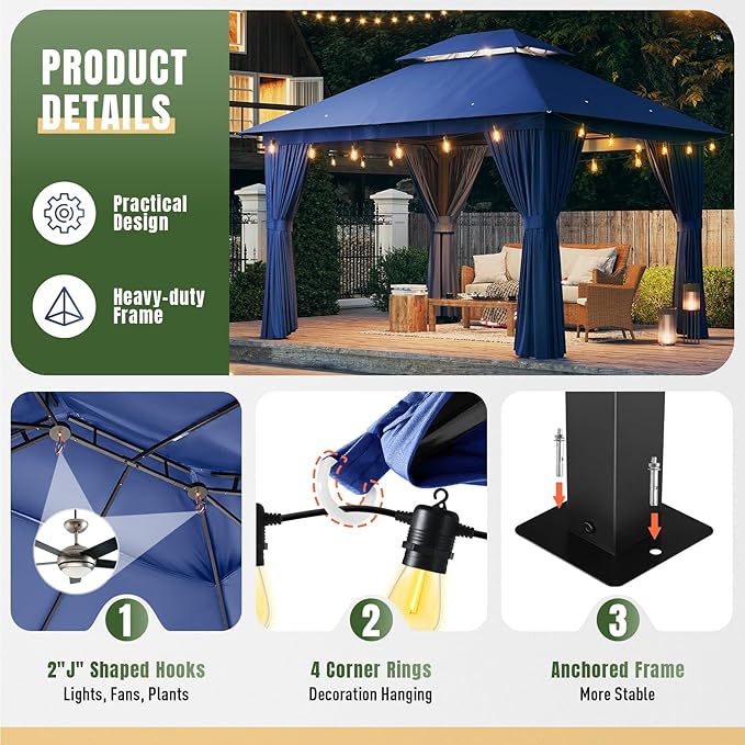 AOXUN Outdoor Gazebo for Patio 10x12, Metal Frame Canopy with Double Roofs, Heavy Duty Party Tent and Shelter with Mosquito Netting and Privacy Screen for Backyard, Lawn, Garden, Deck