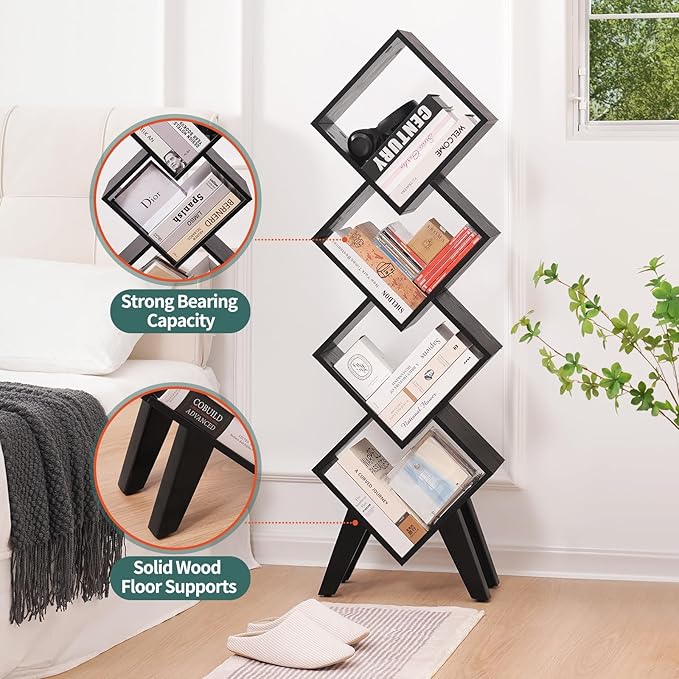 Yoobure Black Bookshelf - Small Book Shelf, 4-Tier Tall Bookcases Book Organizer, Industrial Bookshelves Floor Standing for CDs/Books in Small Spaces, Bedroom, Living Room, Home Office