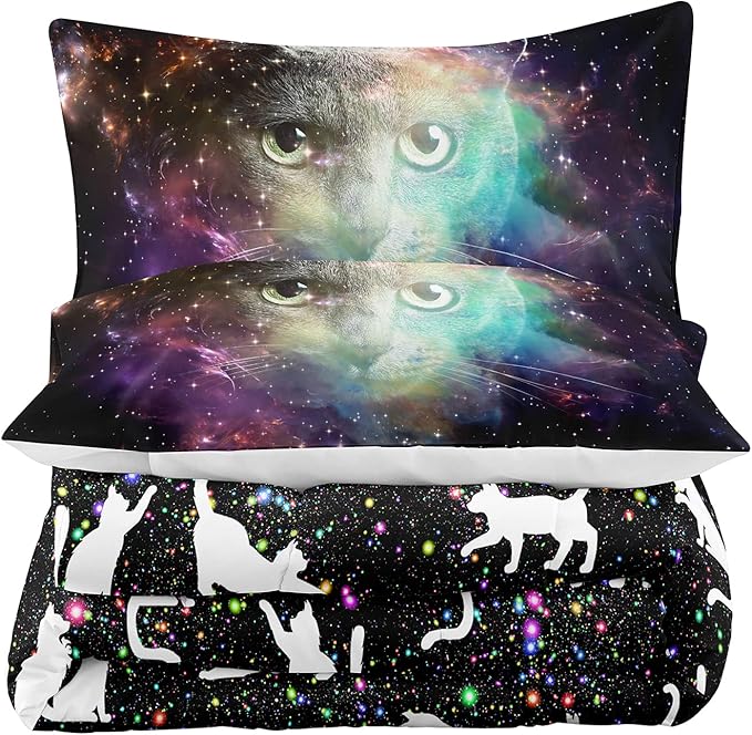 Tailor Shop Cat Comforter Set for Kids Boys Girls Teens Cute Cartoon Cat Galaxy Bedding Sets Black Dreamy Outer Space Queen Size with 1 Comforter 2 Pillow Shams………