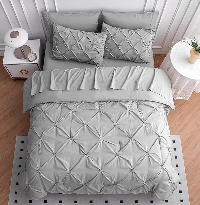 Lane Linen Full Size Comforter Sets, 7 Piece Bed in a Bag Full Size, Soft Full Size Bed Set, Pintuck Bedding Comforter Sets Full Size, Full Size Comforter Set with Sheets, Pillowcases & Shams - Silver