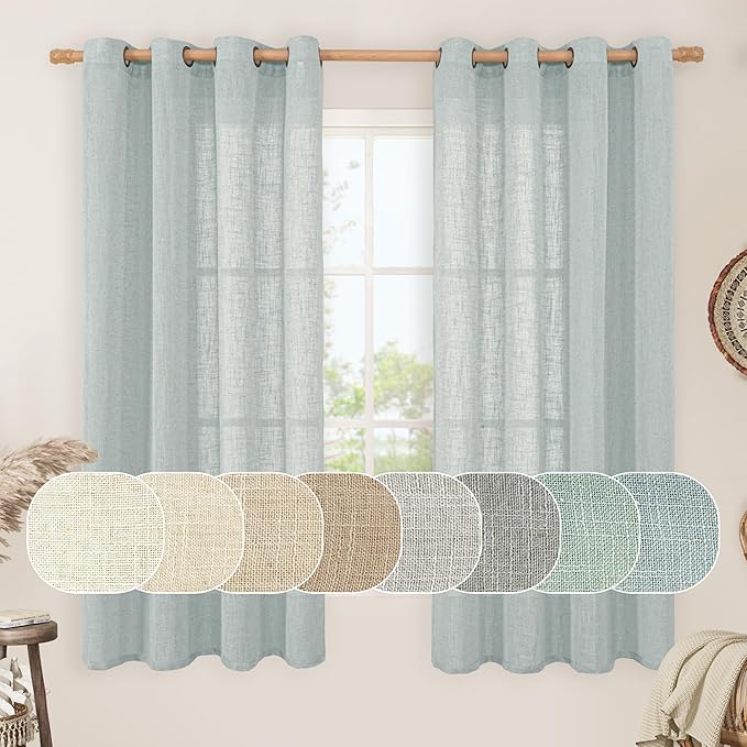 LAMIT Sheer Linen Curtains 63 inches Long for Bedroom, Bronze Grommet Linen Drapes Light Filtering Semi Sheer Curtains for Small Window/Farmhouse, 2 Panels (52 x 63 Inch, Greyish Blue)